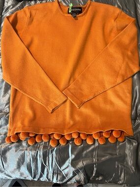 VINTAGE Designer Andrea Jovine Orange Mustard Pom Pom Hem Wool Sweater Artsy Mod